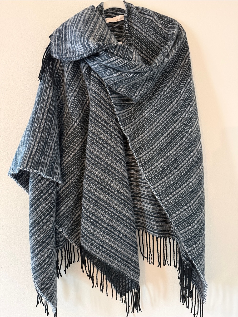 LOFT Striped Fringe Knit Cape in Dark navy and Gray